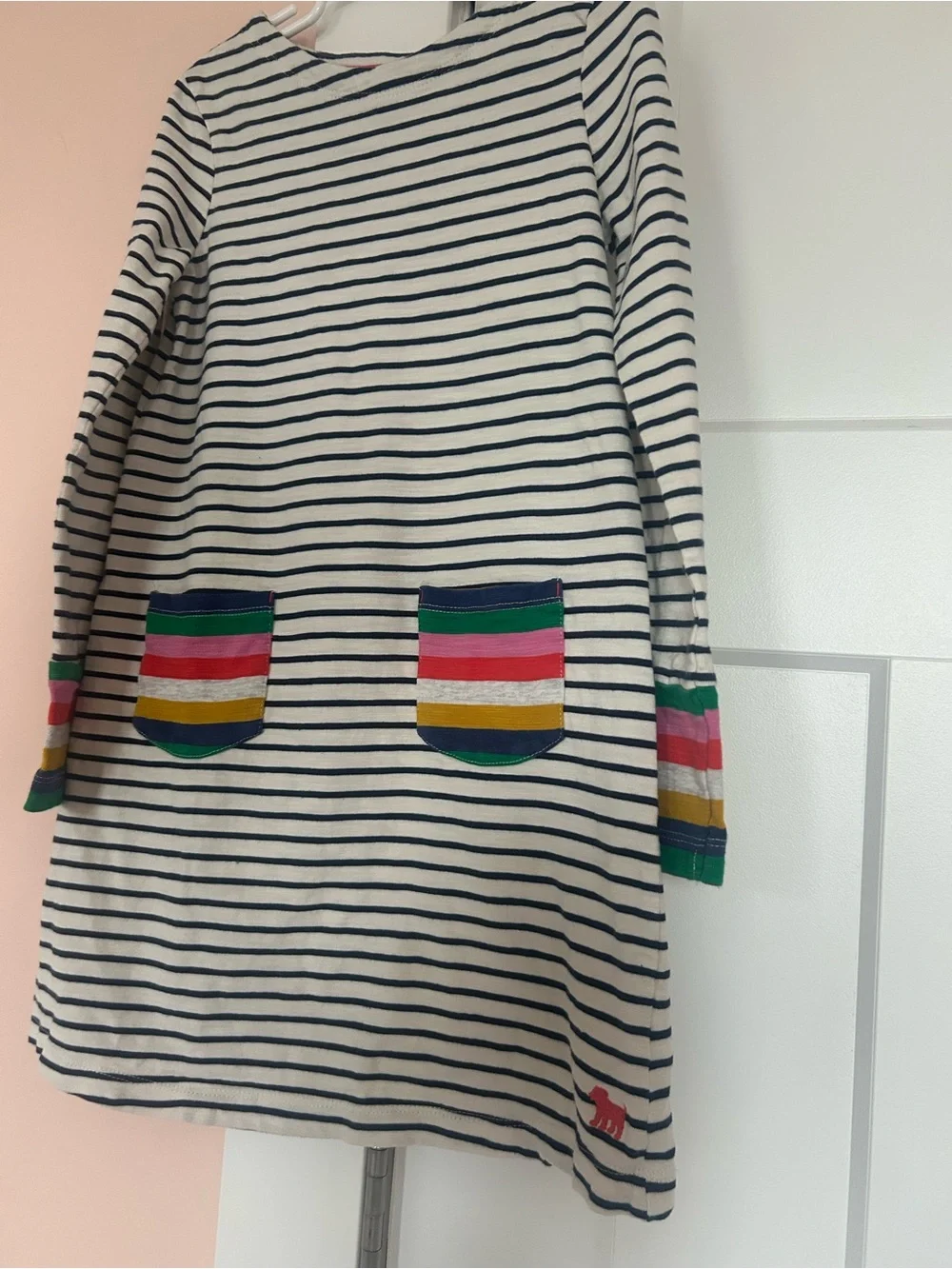 Mini Boden Striped Long-Sleeve Dress with Colorful Pocket Accents